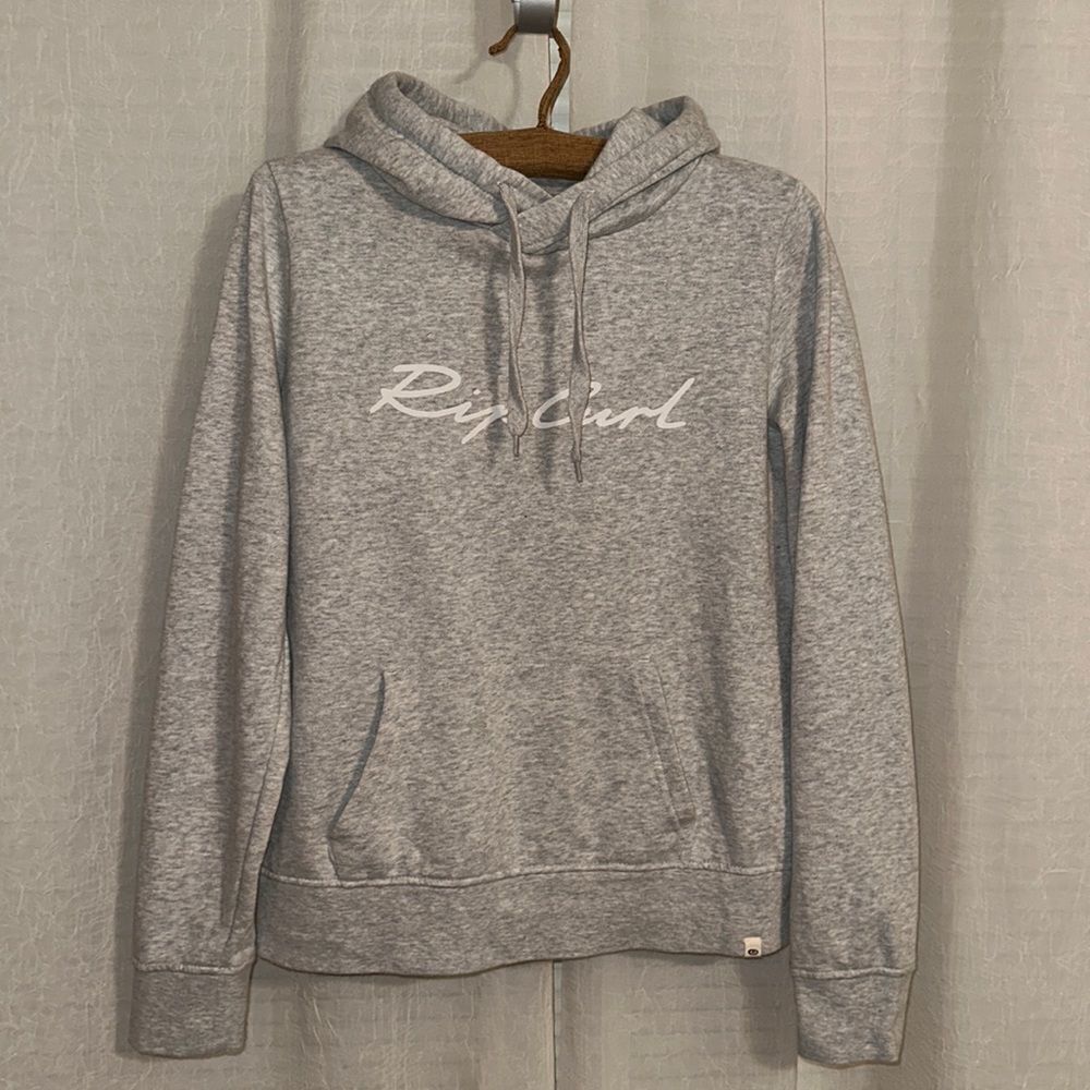 Rip Curl XS Silver Gray White Logo Fleece Inner Front Pocket Hoodie Sweatshirt